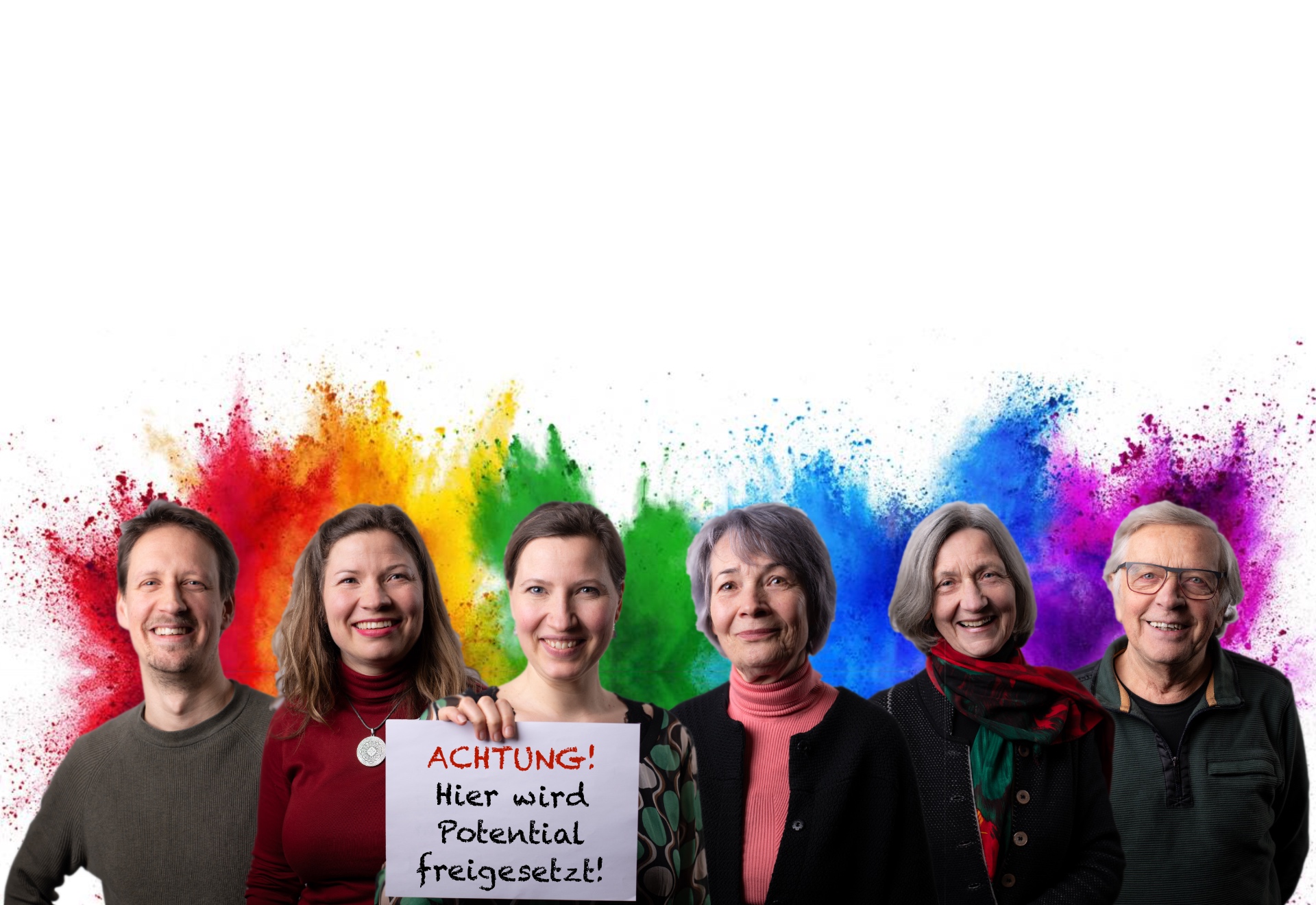 Das Team des BildungsHauses vor einer farbigen Wolke